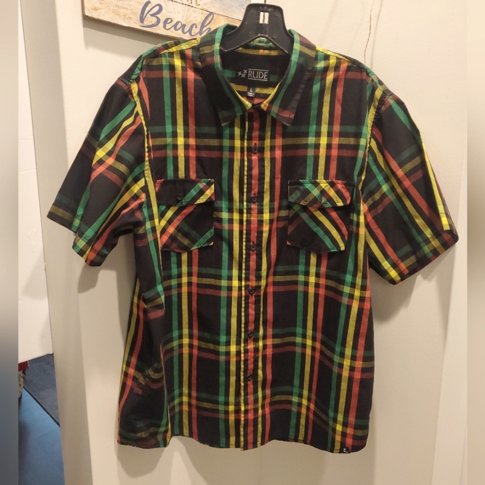 Rude Mens Multicolored Plaid Shortsleeve Collar Shirt Size L